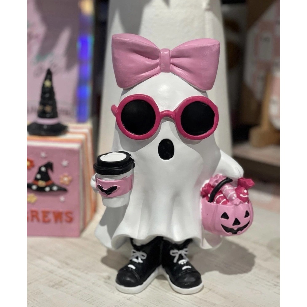 NEW Ghost Girl With Pink Bow & Hot Drink PSL Viral Halloween Tabletop Decor 10in